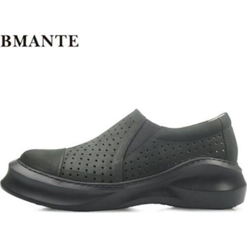 Bmante Genuine Leather Men Women Shoes Summer Mesh Hollow Thick Bottom Slip-on Sponge Shoes Trainers Gothic Owen Male Sneakers