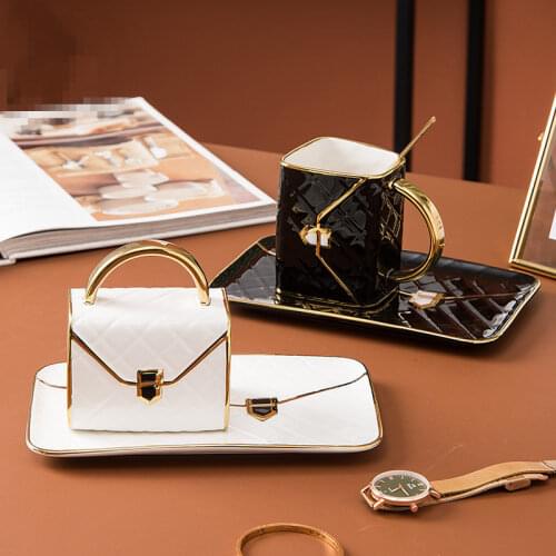 Gold-painted coffee cup and saucer set creative bag modeling ceramic saucer mug boba cup turkish coffee cups