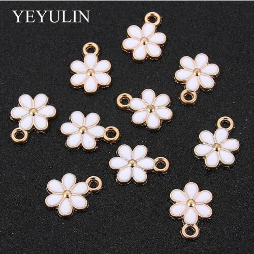 Wholesale 10PCs Gold Tone Enamel White Flower Charms Pendant Oil Drop For Women DIY Jewelry Earrings Necklace Accessories