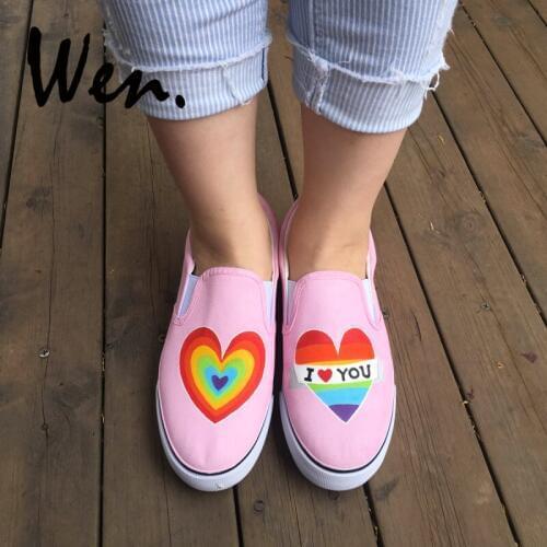 Wen Original Hand Painted Shoes Design Rainbow Color Heart Pattern Pink Slip On Canvas Sneakers Gifts for Girls Women