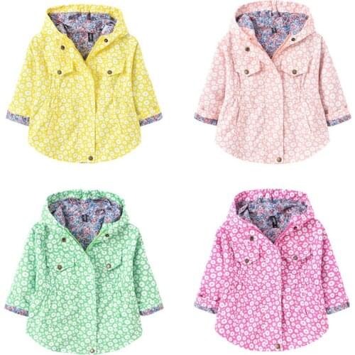 Baby Girls Trench Coat Childrens Flower Printed Thin Zipper Jacket Fashion Cute Hooded Outwear Tops Kids Clothes Spring Autumn