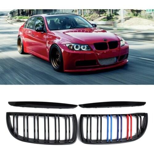 1 Pair Gloss Matt Black M Color 2 Line Front Kidney Grille Grill Double Slat For BMW E90 E91 3 Series 320i 325i 328i 2005-2008