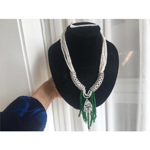 Luxury jewelry multilayer 4row natural 4-5mm white freshwater pearl green tassel micro inlay zircon necklace