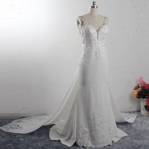 RSW1569 Beautiful Images High Quality Strech Satin Open Backless Wedding Dress Detachable Skirt With V-Neck And Straps