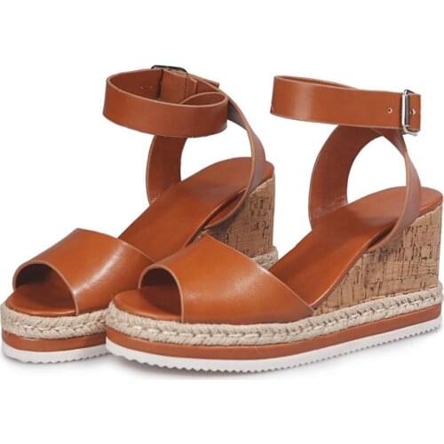 Women Summer Shoes High Heel Platform Ladies Sandals PU Leather Retro Ankle Footwear Wedges Clog Women Sandalias WJ063