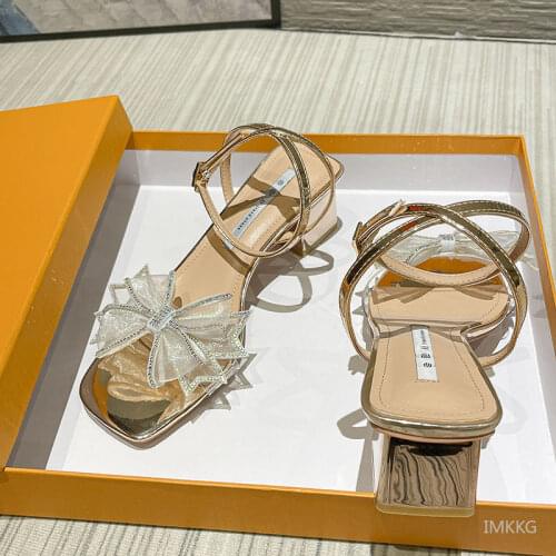Thick Heel Bowtie Sandals Women Transparent PVC Summer Womens Dress Shoes Shiny Open Toe Silver Golden High Heel Sandals