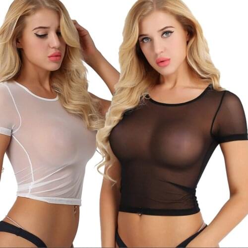 Sexy Woman Tshirts Short/Long Sleeve Slim See Through Mesh Tops Sheer Tank Ladies Underwear Transparent Clubwear Vest T Shirts