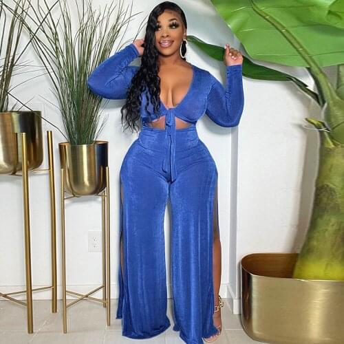 Blue Pink Two Piece Tracksuit Autumn Clothes Bow Tie Long Sleeve Crop Tops and Side High Split Wide Leg Trouser Calssy Outfits