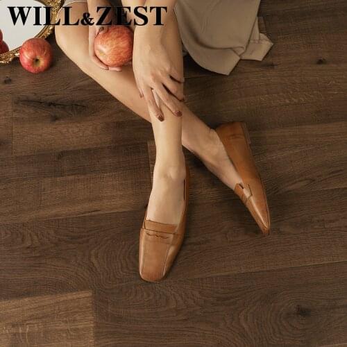 WILL&ZEST Woman Genuine Leather Flats Designer Brand Luxury Loafers 2021 Slip on Comfortable for Work Vintage Cool Nursing Shoes