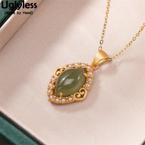 Uglyless Hotan Jade Oval Square Rhombus Jewelry Sets for Women Natural Pearls Earrings Necklaces + Chains Gold 925 Silver Bijoux