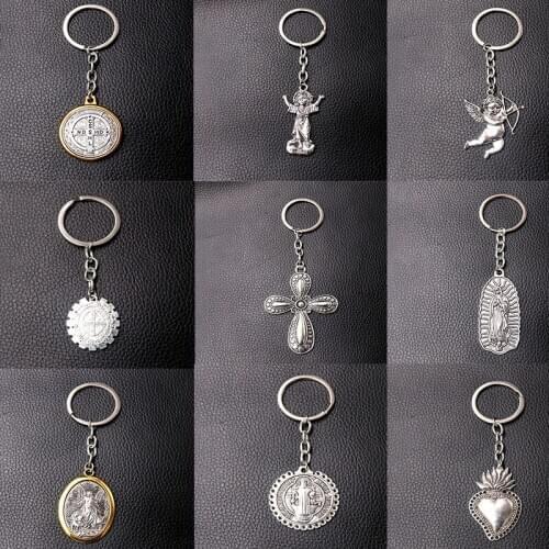 Vintage Christian Metal keychain, Saint Benedict Medal Charms, Sacred Heart Charms, Holy Cross Charms, Virgin Mary Charms