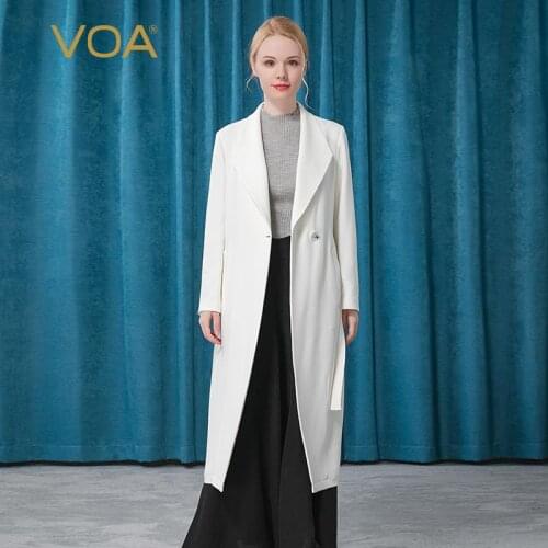 VOA 60m/m Silk Trench Coat for Women Turn-down Collar Bandage Waist Loose Temperament Long-sleeved Windbreaker Female FE56