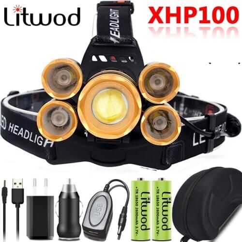 XHP100 9-core Super Bright 5 LED Headlight Zoomable Headlamp 2* 18650 5200mAh Battery Head Flashlight Torch Lamp Powerbank