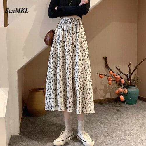 Long Maxi Pleated Chiffon Skirt Women Fashion 2021 Summer Floral Printed Beach Casual Elastic High Waist Pleated Skirt Female