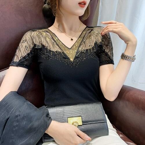 2021 Summer New Sexy V-neck Tshirt Short-sleeved Shirt Diamonds Womens Tops Mesh Yarn Hollow T-shirt Fashion Clothing 15157