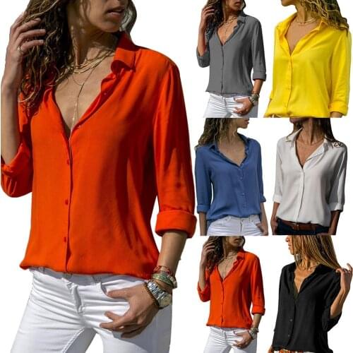 Office Lady Autumn Deep V Neck Turn Down Collar Chiffon Loose Buttons Down Shirt Womens Tops Blouses Office Lady Blouse Slim