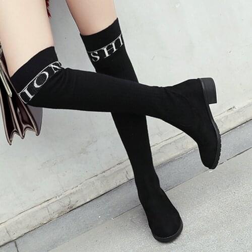 2021 Fall Over The Knee Women Boots Fashion Alphabet Knitting Skinny Boot Comfy Mid Thick Heel Lady Shoes Winter Warm Sock Boots