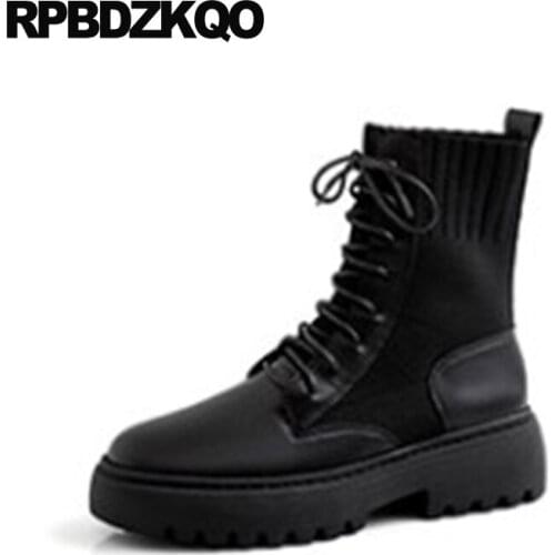 Creepers Boots Military Fur Platform British Luxury Brand Shoes Women Flatform Muffin Black Chunky Lace Up Block Ankle Combat