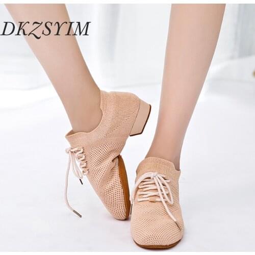 DKZSYIM Women Dance Shoes Air Mesh Soft Sued Soles Ballroom Tango Dancing Shoes Low Heels Lace-Up Dance Shoes High Quality