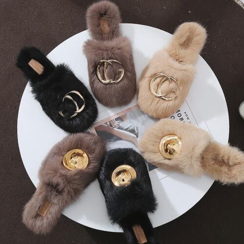 Baotou flat bottom net red hair slippers for women wearing new fashionable rabbit hair slippers in autumn and winter 2019