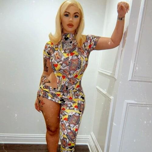 DSMTRC Women Short Sleeve Printed Bodycon Hollow Out Summer Sexy Jumpsuit Overall Playsuits 2021 Female Clothing Streetwear