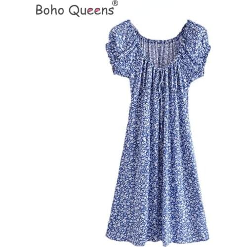 Boho Queens women floral print short sleeve Bohemian cotton midi dress Ladies off shoulder Boho vestidos