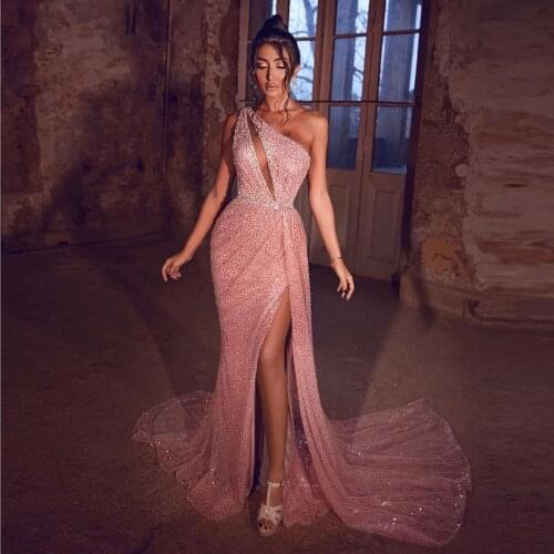 Pink Sexy Fashion Evening Dress One Should A-Line Floor Length With Train Celebrity Dress Sequins High Split Prom Dress