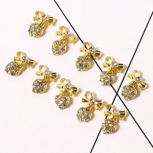 10pcs Gold Bowknot Love Glitter Rhinestones For Nails Alloy Christmas Holiday Celebration Nail Art Decorations 3d Nail Jewelry