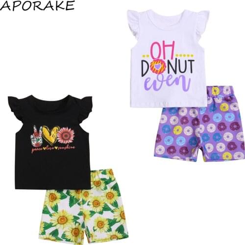 2021 0-5Y Fashion Kids Baby Girl Clothes Set Cute Letter Print Sleeveless Top Vest+Sunflower/Donuts Print Shorts Summer 2pcs