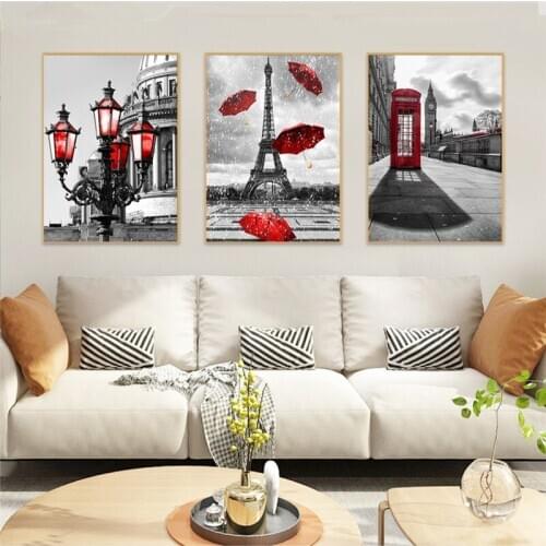 3 Panel unframed Nordic Poster Wall Art Canvas Painting Print Black and White Tower Red Umbrella Paris Street Picture Home Decor