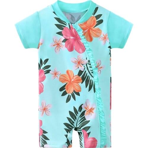 BAOHULU Cyan Floral Baby Girl Swimwear UV50+ Toddler Bodysuit Swimsuit Kids One Piece Swimming Suits Bathing Suit for Girls