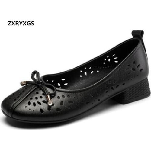 2021 New Spring High Quality Cowhide Fashionable Shoes Woman Large Size Sweet Bow Breathable Hollow Leather Sandals Thick Heels