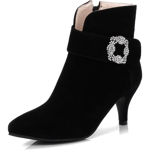 Oversized Wine Glasses and Pointed Side Zip High-heeled Womens Boots Beautiful Rhinestone Appliques Frosted Fabric 2020 Boots