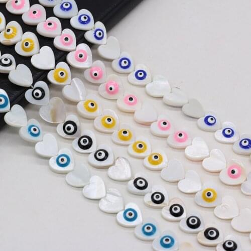 10mm Love Heart Shell Beads Natural Mother of Pearl Mop Shell Evil Eye Loose Beads for Jewelry Making DIY Necklace Bracelet 14"