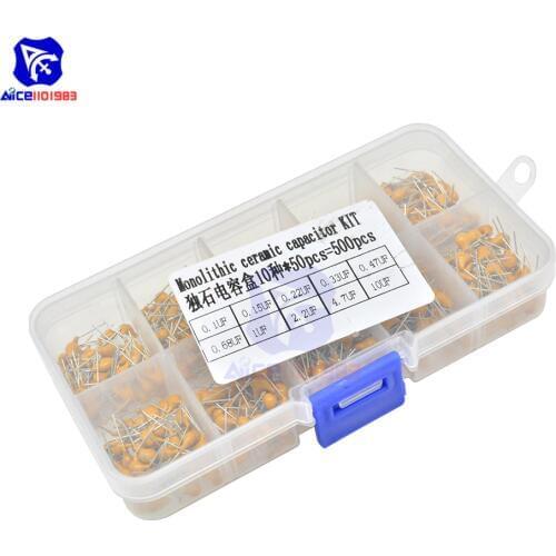 Diymore 500PCS/Lot 10 Values Monolithic Ceramic Capacitors 0.1μF -10μF Commonly Used Electronic Components Assorted Kit