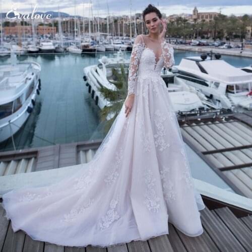 EVALOVE New Elegant Scoop Neck Lace Up A-Line Wedding Dress Gorgeous Lace Appliques Long Sleeve Customized Vintage Bridal Gown