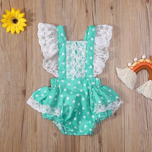 0-24M Summer Cute Baby Girls Rompers Lace Polka Dot Printed Ruffles Sleeve Backless Jumpsuits