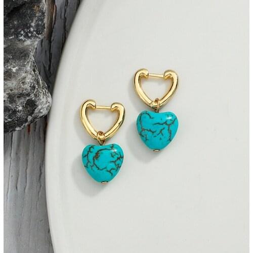 Lifefontier Bohemia Heart Shaped Blue Stone Drop Earrings for Women Gold Color Metal Turquoise Dangle Earrings For Women Jewelry
