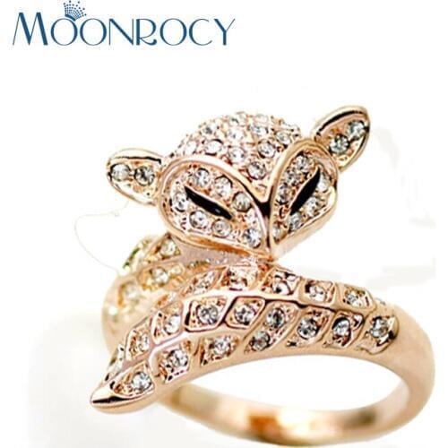 MOONROCY Drop Shipping Wholesale Cubic Zirconia Rose Gold Color Fox Animal Austrian Crystal Rings Fashion for Women Girls Gift