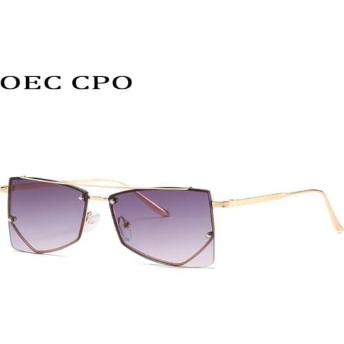 OEC CPO Rimless Square Women‘s Sunglasses For Men Vintage Alloy Gradient Sun Glasses Female Brand Fashion Shades Gray Pink UV400