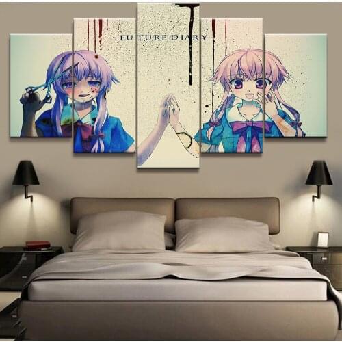 Prints Canvas Painting Home Decoration 5 Pcs Panel Mirai Nikki Gasai Yuno Animation Wall Artwork Modular Pictures Posters Frame