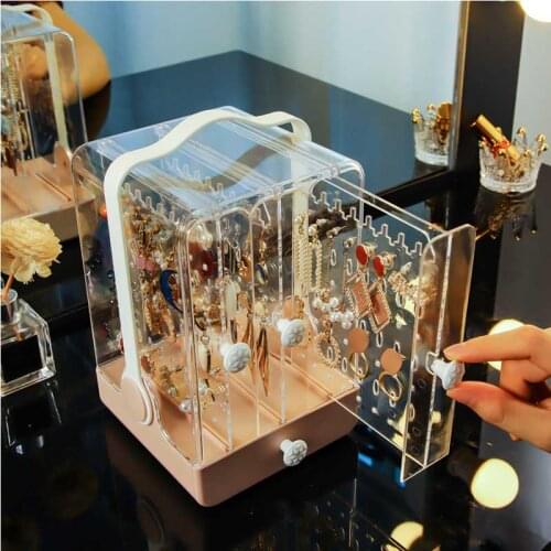 Portable Earrings Ring Display Stand Shelf Dustproof Plastic Jewelry Storage Box Drawer Women Necklace Bracelet Organizer Case
