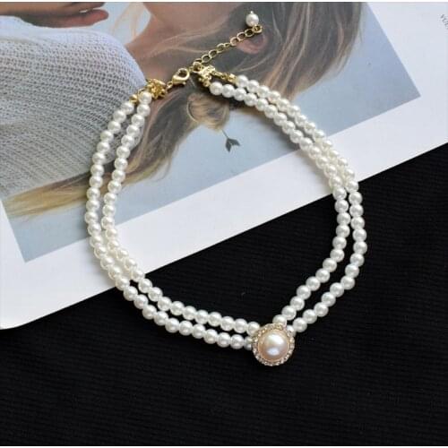 Summer Simple Pearl Necklace Double Simple Retro Temperament Small Fresh Diamond Crystal Short Clavicle Necklace