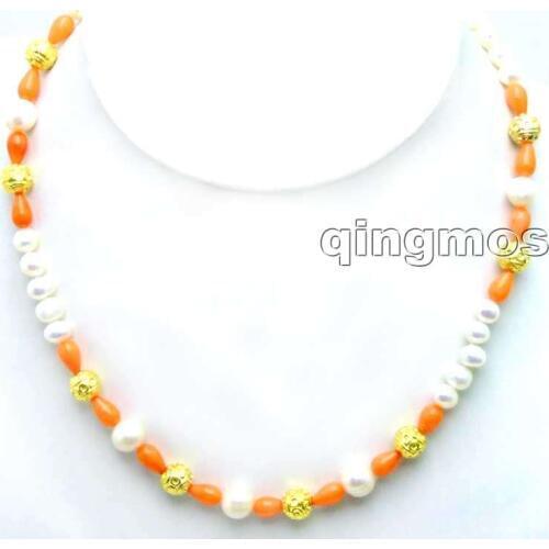 SALE 6-7mm white natural round pearl with 5*9mm Orange coral drop 17" Necklace-nec5866 wholesale and retail Free ship