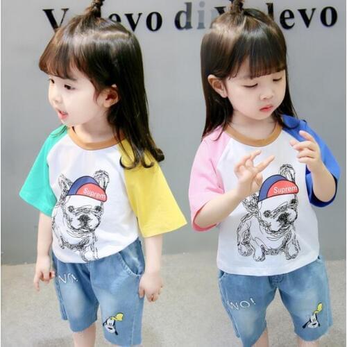 Retail 2018 Childrens clothing summer new girl cartoon cute dog round collar spell color shirt loose casual T-shirt