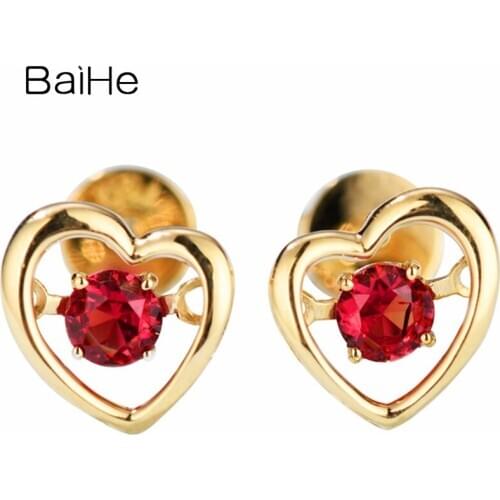 BAIHE Solid 14K Yellow Gold Natural Ruby Heart Shaped Earrings Fine Jewelry Trendy Engagement Wedding Anniversary Cерьги Cережки