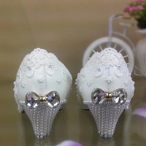 Spring White Women Wedding Shoes Bride Party Dress Shoes Ladies Round Heel Pumps Lace Flower Princess Shoes Bowknot Crystal