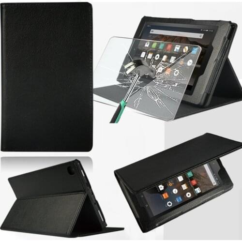 For Amazon Fire 7/Fire HD 8/Fire HD 10 PU Leather Holder Fold Case Bracket Tablet Cover+Tempered Film for Fire HD 8 Plus