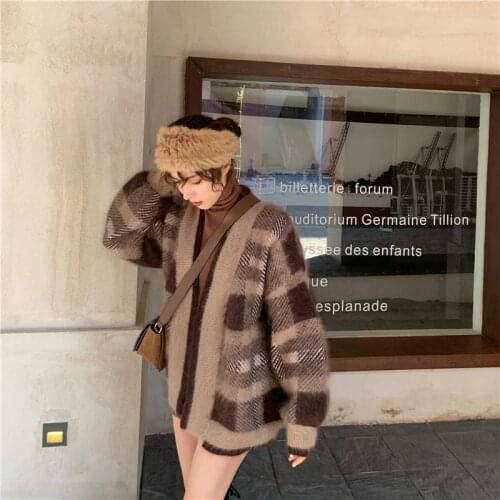 Thick easy match loose sweater coat Plaid cardigan