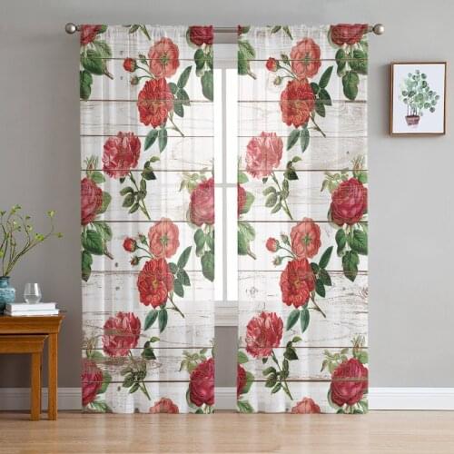 Vintage Rose Flower Window Curtains Bedroom Modern Drape Sheer Tulle Valances Living Room Kitchen Voile Curtain
